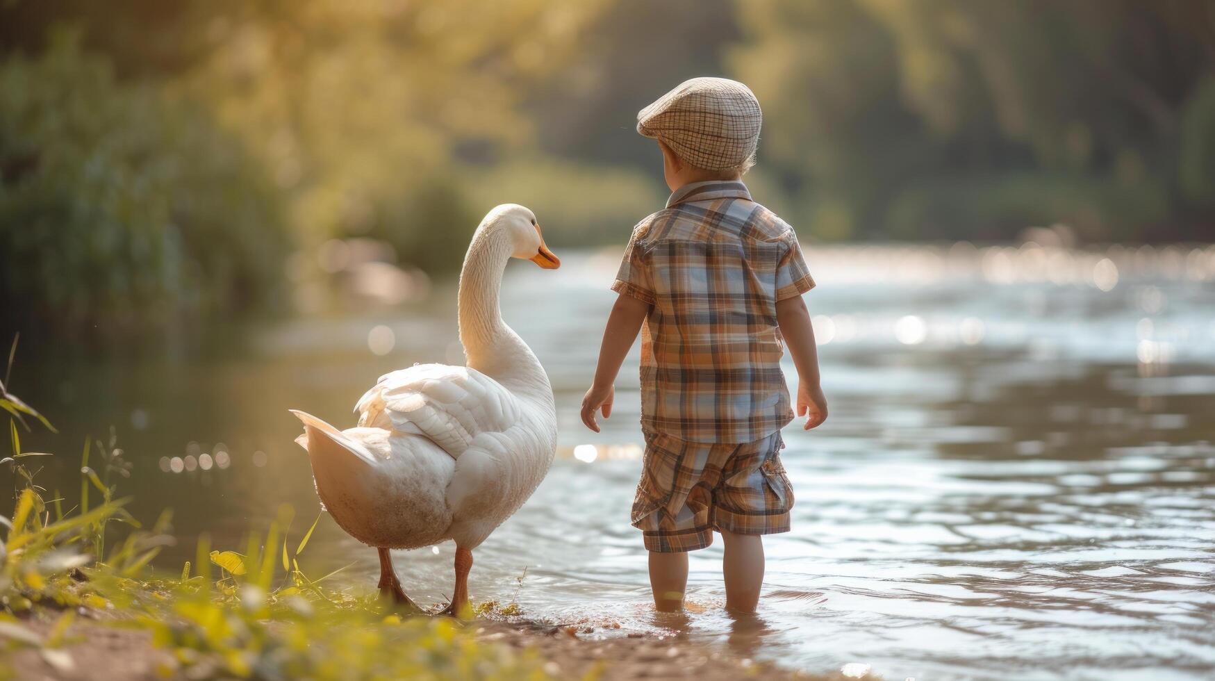 ai generiert ein Fünf Jahre alt Junge im Plaid kurze Hose und ein Plaid Deckel, zusammen mit ein groß Weiß Gans foto