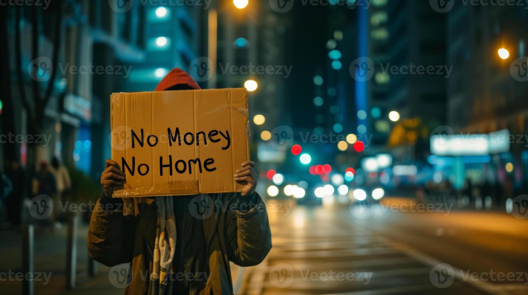 ai generiert Armut obdachlos Mann halten ein Karton Zeichen mit das Wörter Nein Geld Nein Zuhause Stadt Straße Hintergrund foto
