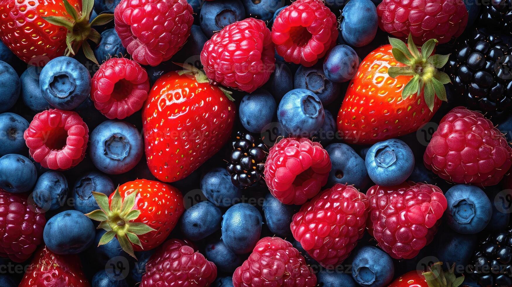 ai generiert mischen von Beeren eine solche wie Erdbeeren, Blaubeeren, und Himbeeren vereinbart worden kunstvoll zum ein platzen von Farbe Hintergrund. foto