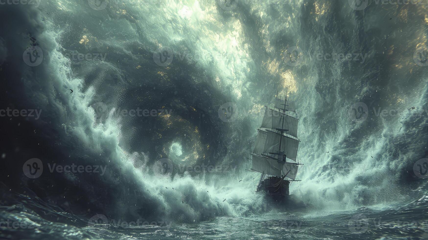 ai generiert ein Tornado Sturm beim Meer mit ein Schiff Wippen inmitten enorm Wellen. foto