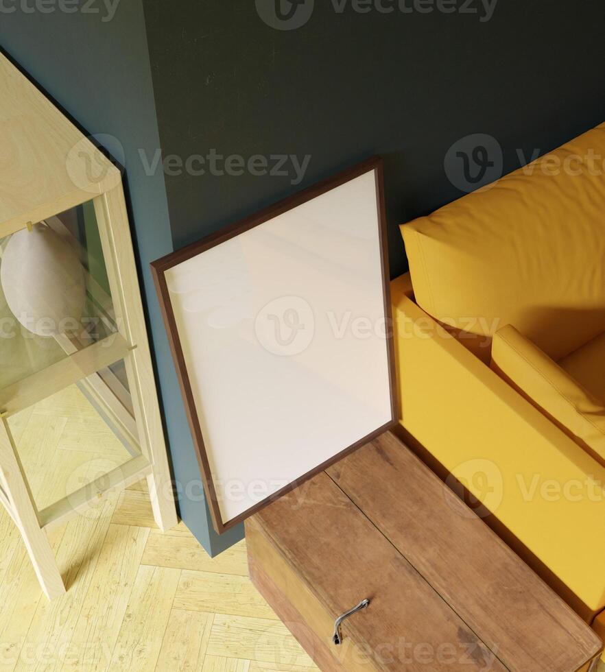 hölzern Rahmen Attrappe, Lehrmodell, Simulation Poster Stehen auf das hölzern Truhe neben Orange Sofa im das minimalistisch Leben Zimmer foto