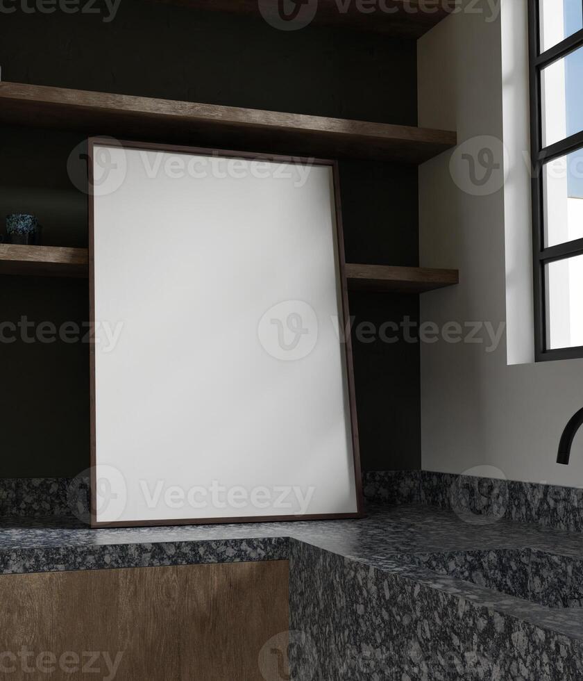 50x70 hölzern Rahmen Attrappe, Lehrmodell, Simulation gelehnt auf das hölzern Regal im das elegant Marmor Küche foto