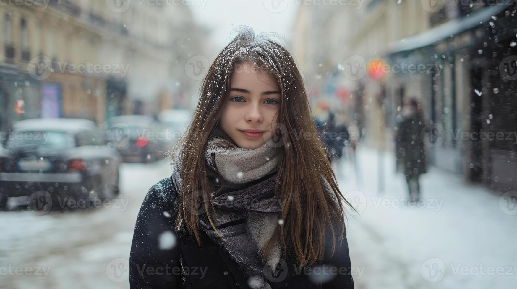 ai generiert ein schön Mädchen lächelnd, Stehen auf ein Winter Straße foto