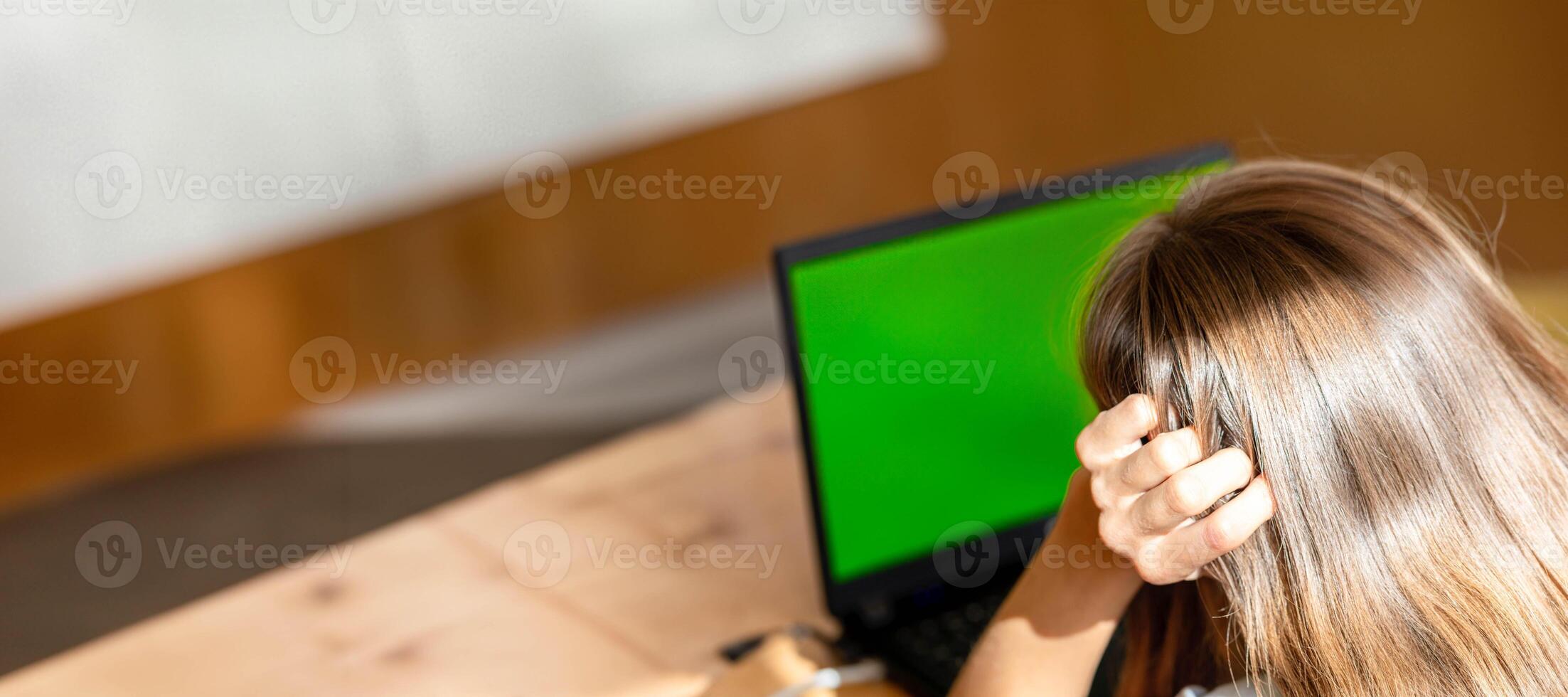 jung Frau mit lange Haar mit ihr Laptop mit Grün Bildschirm. Rückseite Sicht. Banner. Kopieren Raum. foto