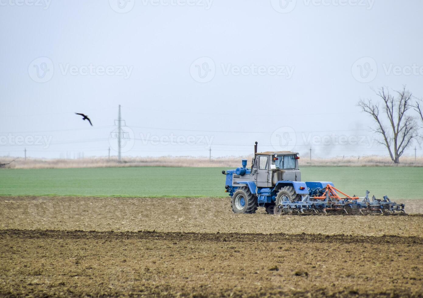 üppig und lösen das Boden auf das Feld Vor Aussaat. das Traktor pflüge ein Feld mit ein Pflug foto