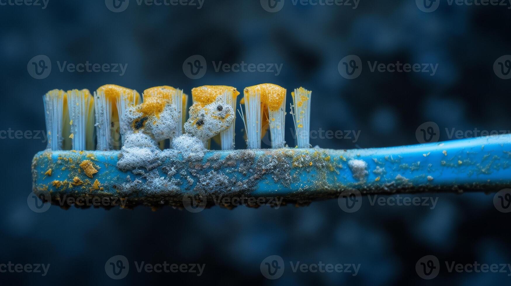 ai generiert Zahnbürste bedeckt im getrocknet Zahnpasta und Gelb Flecken. foto