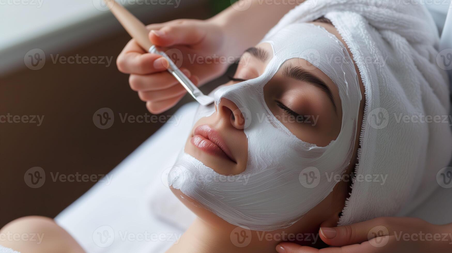 ai generiert Schönheit Spa Freude, Gesichts- Behandlung mit Peeling Maske durch erfahren Kosmetikerin foto