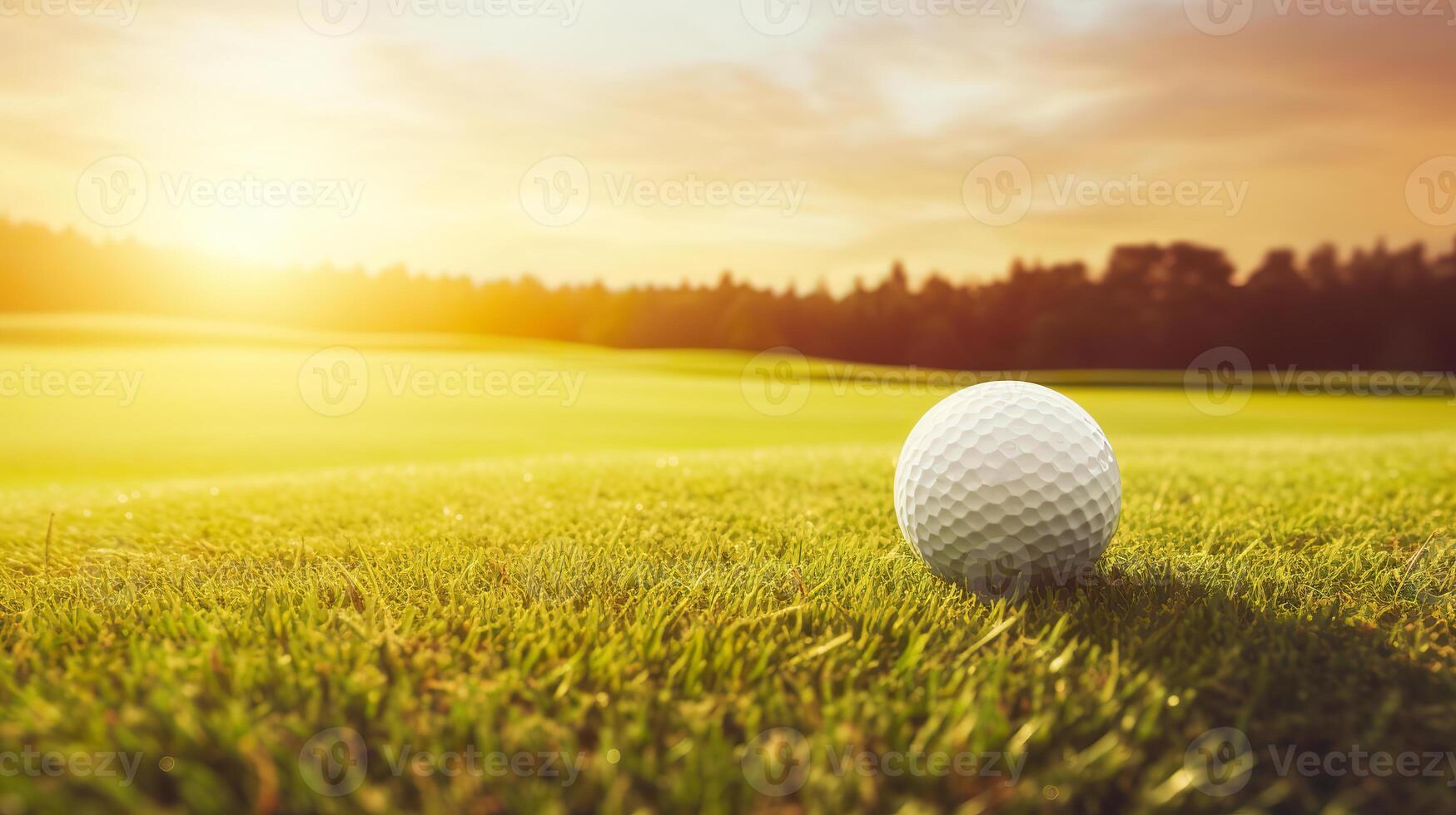 ai generiert Golf Ball auf Kurs beim Sonnenaufgang foto