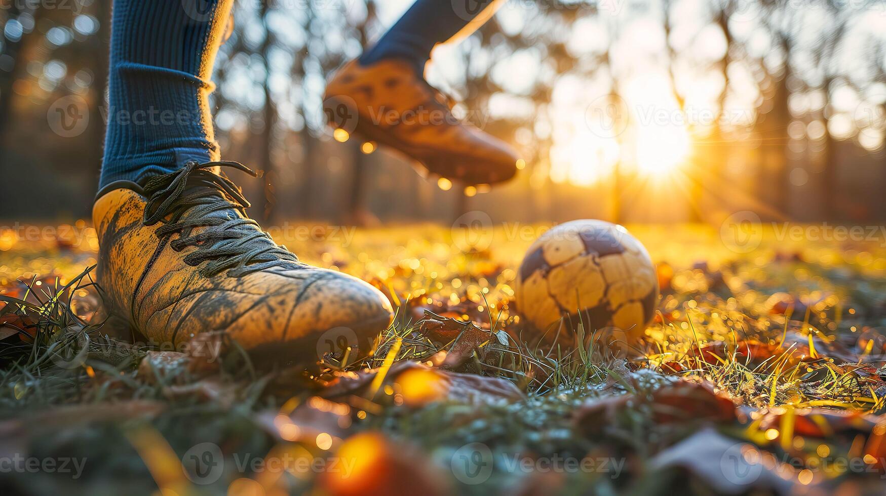 ai generiert Fußball Aktion, Seite Aussicht von Fußball Stiefel treten Ball foto