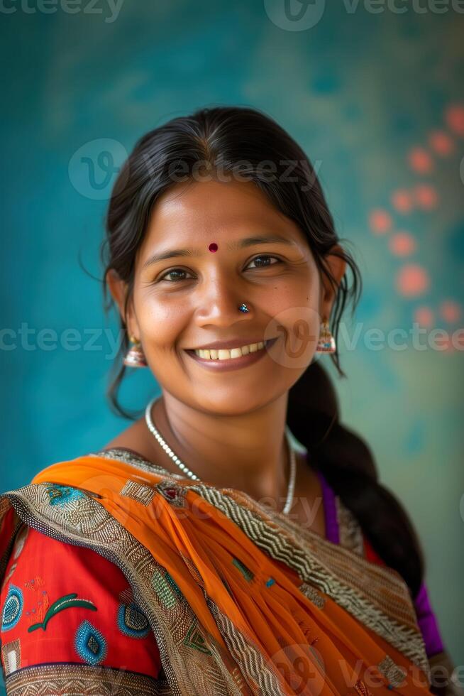 ai generiert Smiley indisch Frau, ausstrahlen Freude im ein Mittel Schuss foto