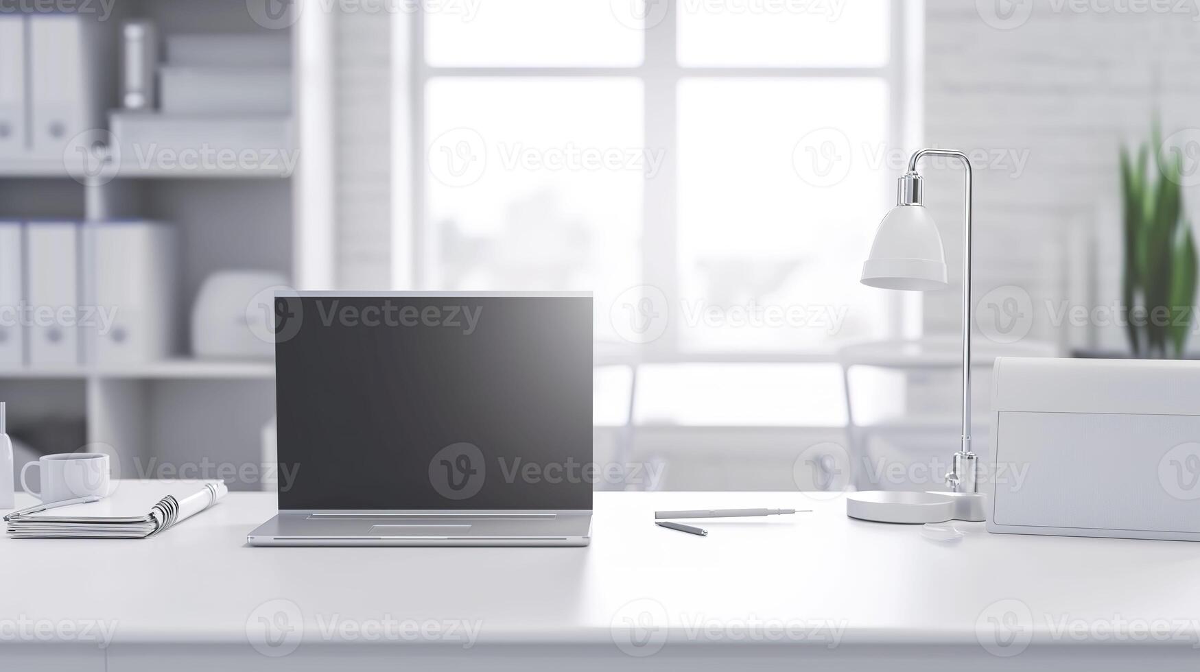 ai generiert modern Arzt Büro, leeren Arbeitsplatz mit Laptop, Lampe, und stilvoll Dekor foto