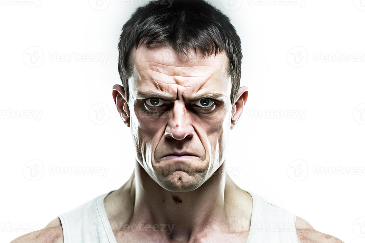 ai generiert Nahansicht wütend wütend Mann, Weiß Hintergrund isolieren. aggressiv Person, Missbräuche. foto