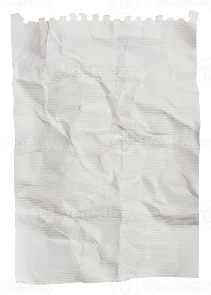 zerrissen und zerknittert Blatt von ein Notizbuch auf ein Weiß isoliert Hintergrund foto