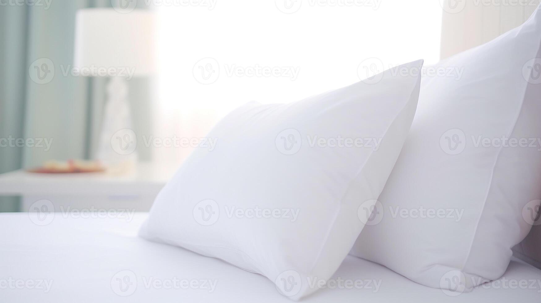 ai generiert Bett im Schlafzimmer mit Sanft Kissen und Bettdecke. schließen oben und selektiv Fokus foto