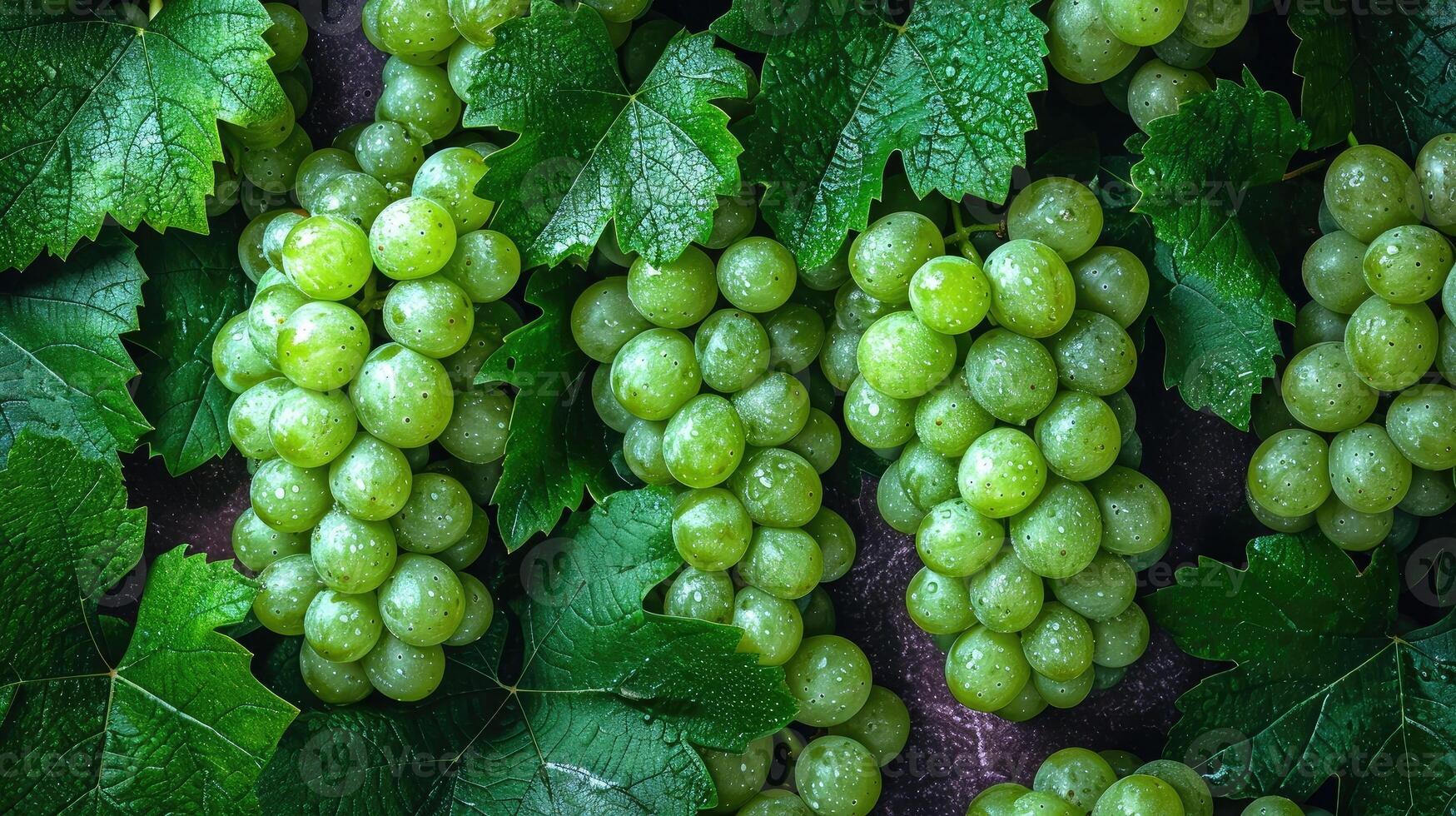 ai generiert ein Cluster von frisch Grün Trauben, ein künstlerisch Anordnung zum ästhetisch appellieren. Trauben Hintergrund. foto