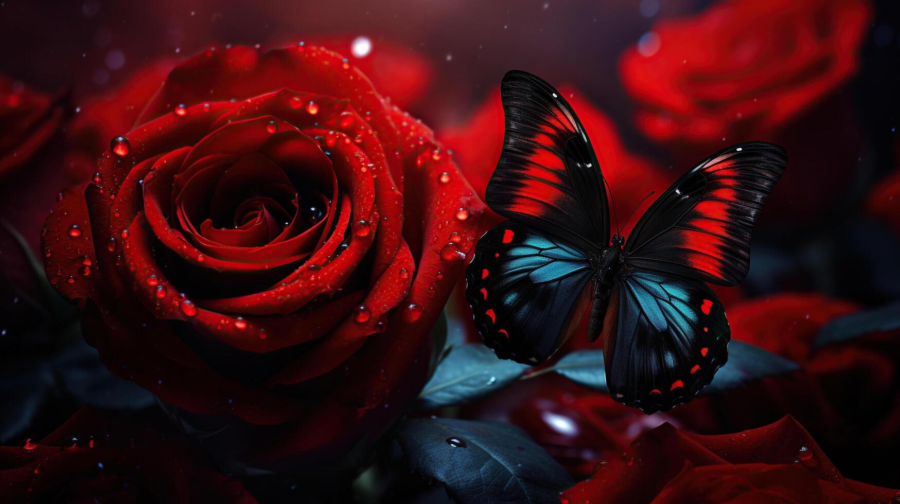 ai generiert schön rot Rosen mit Wasser Tropfen und Schmetterling, Valentinstag Tag Hintergrund. generativ ai foto