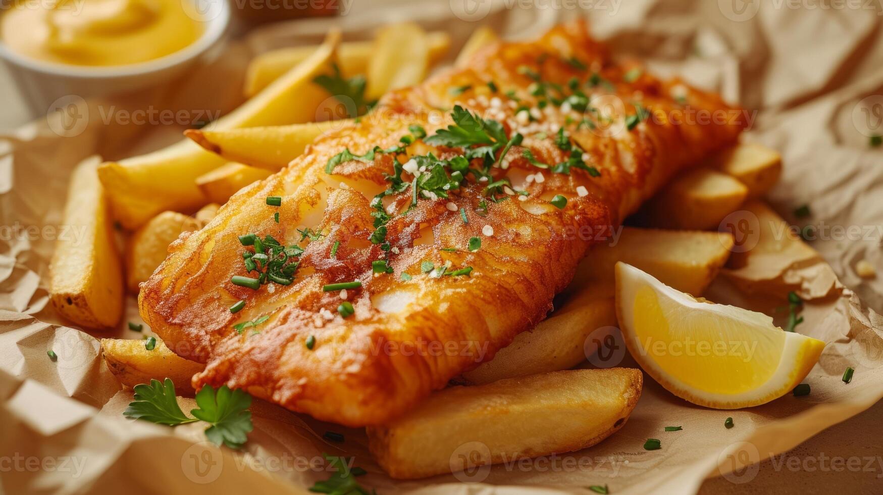 schließen oben von Fisch und Chips mit Französisch Fritten. schnell Essen Konzept. foto