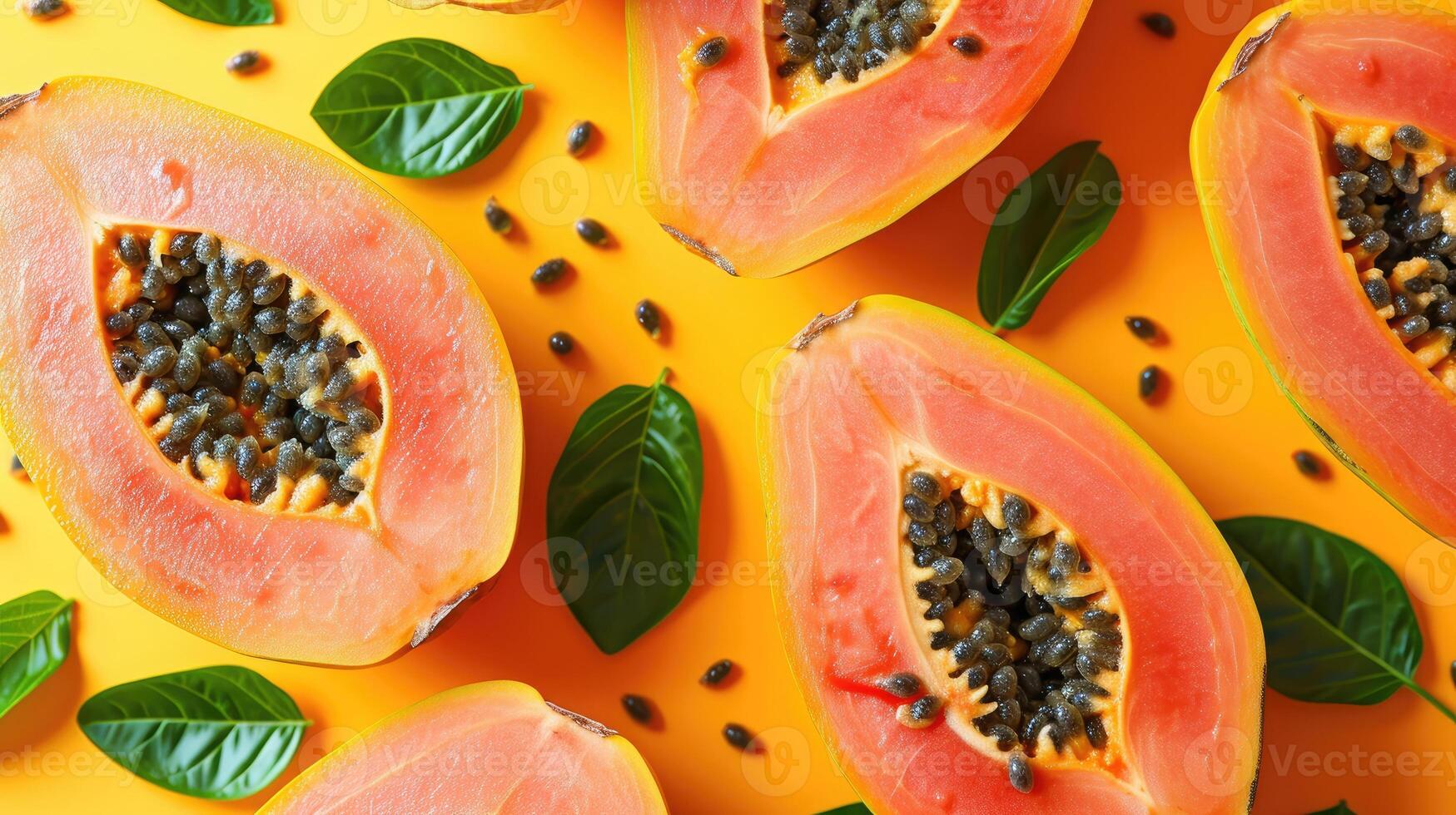 ai generiert Scheiben von Papaya, ein kreativ Layout zu Markieren das Früchte Frische und Köstlichkeit, Direkte oben Sicht. foto