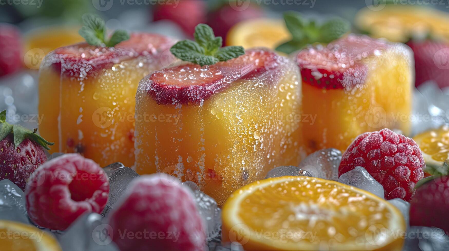 ai generiert frisch Obst Eis am Stiel auf ein Weiß Tisch. Obst Eis am Stiel, Kiwi, Erdbeere, orange. Süss Wüste Hintergrund. foto