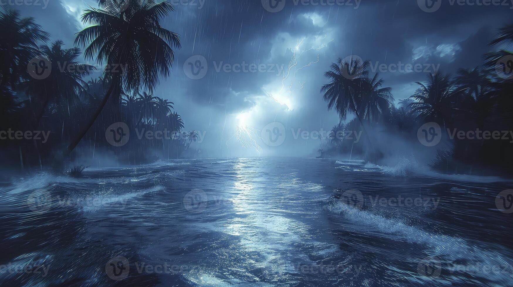 ai generiert ein mysteriös Atmosphäre mit ein Tornado Sturm im das Ozean beim Nacht, mit Palme Baum Silhouetten Erstellen unheimlich Schatten. foto