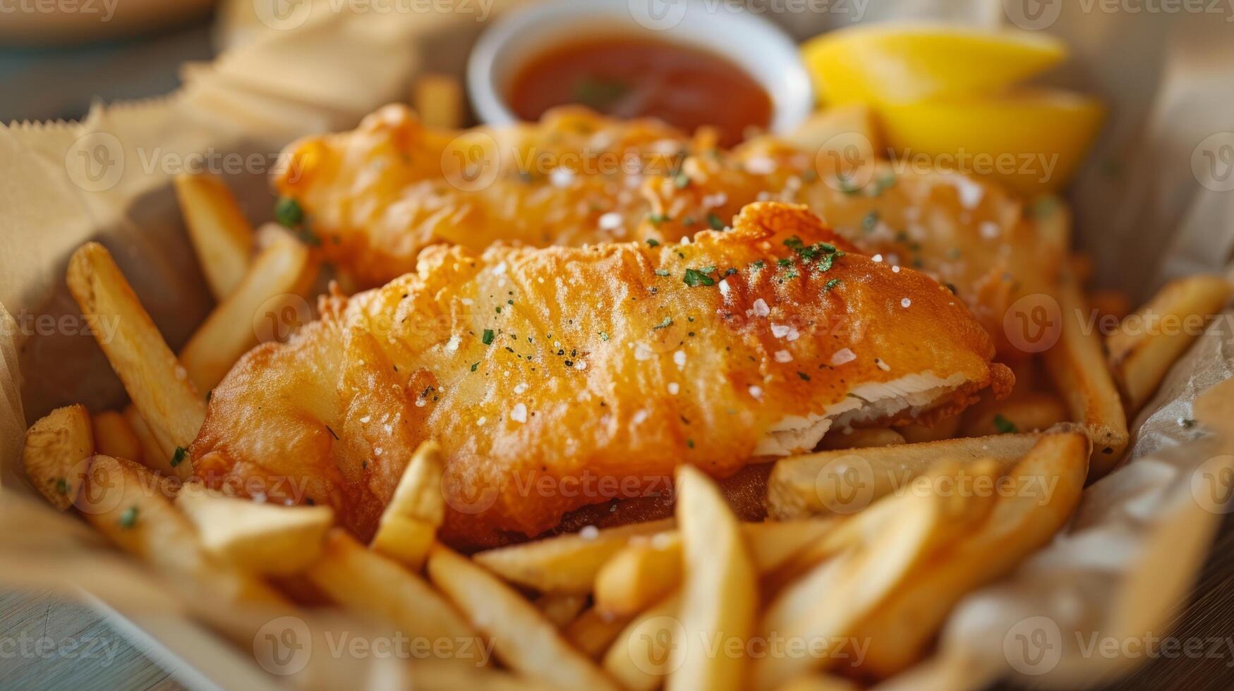 schließen oben von Fisch und Chips mit Französisch Fritten. schnell Essen Konzept. foto