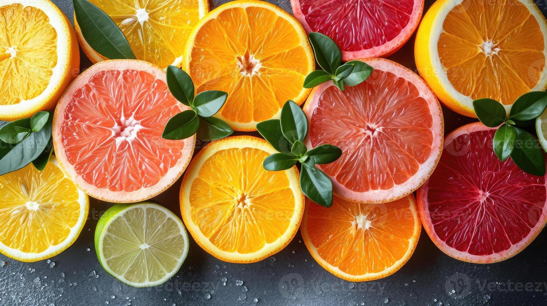 ai generiert ein elegant Hintergrund mit Scheiben von verschiedene Zitrusfrüchte Früchte mögen Orangen, Zitronen, und Zitronen vereinbart worden künstlerisch zum ein Frische. foto