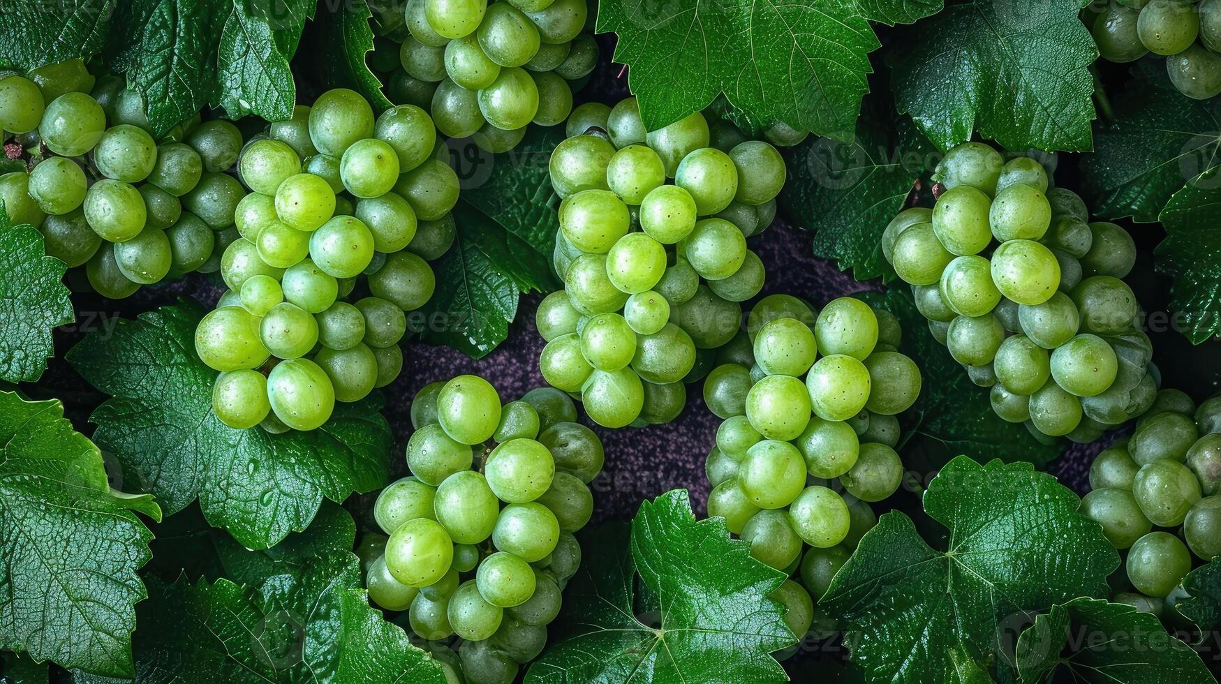 ai generiert ein Cluster von frisch Grün Trauben, ein künstlerisch Anordnung zum ästhetisch appellieren. Trauben Hintergrund. foto