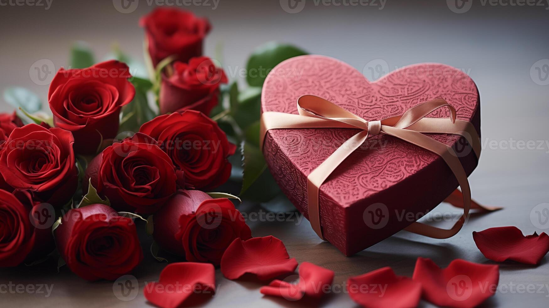 ai generiert glücklich Rose Tageswunsch Gruß Karte mit ein Geschenk Box und rot Rose 3d Stil Hintergrund foto