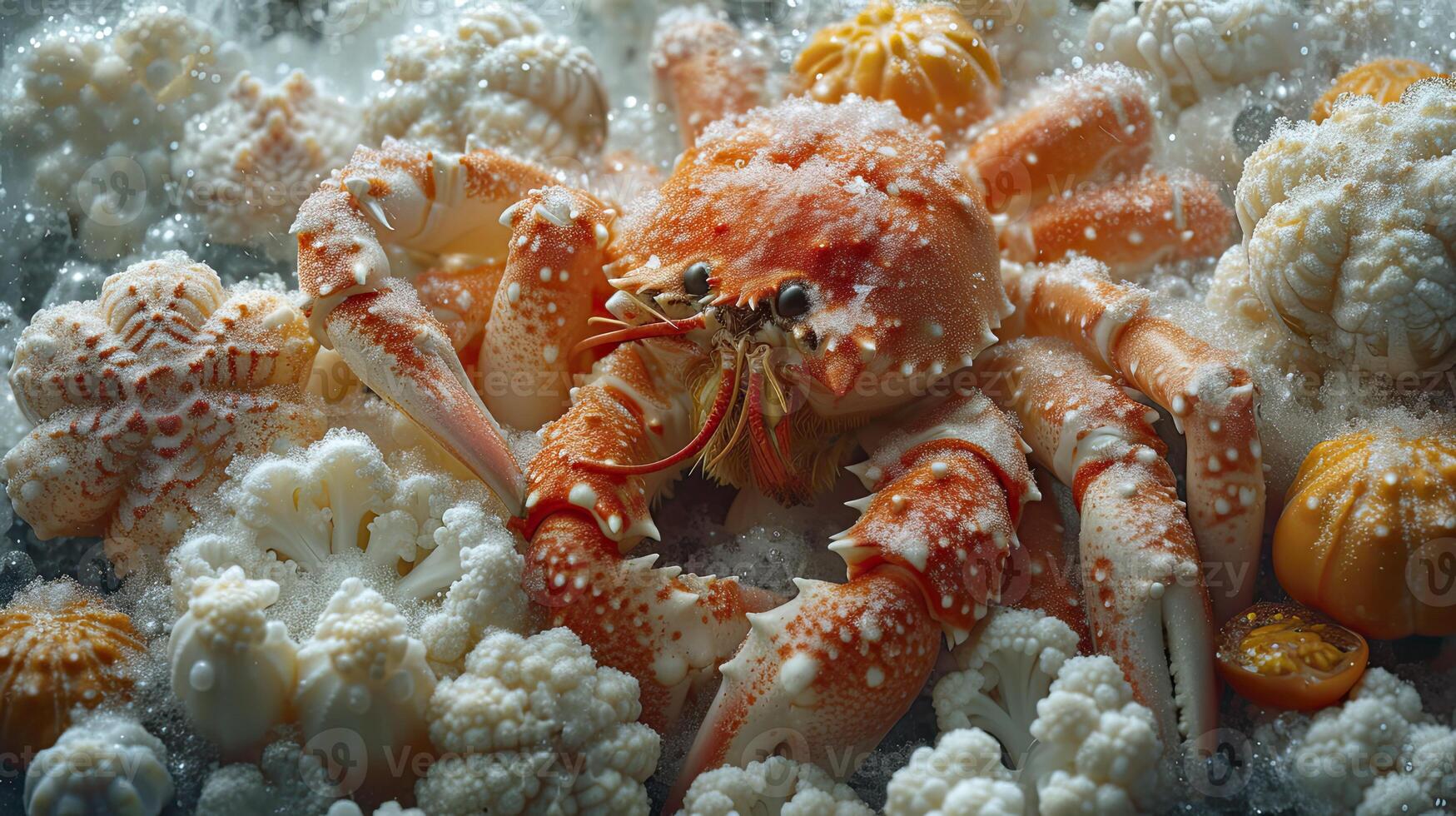 ai generiert verschiedene gefroren Meeresfrüchte, Krabbe, fotografiert schließen hoch. foto