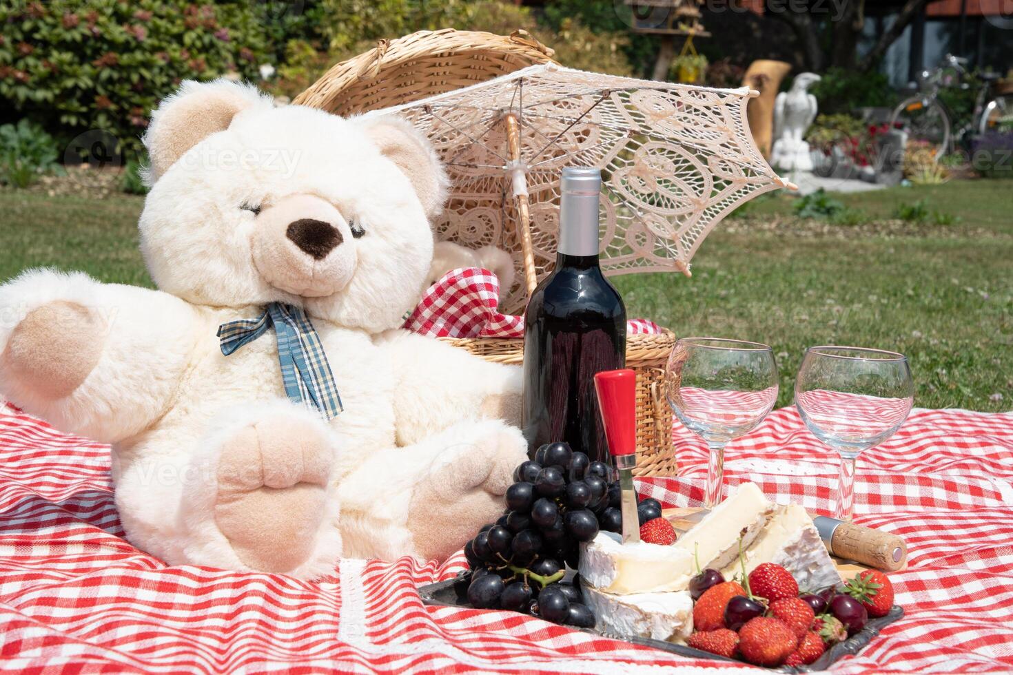 Sommer- Picknick auf ein Grün Rasen mit rot Wein, Käse und frisch Beeren, Trauben foto