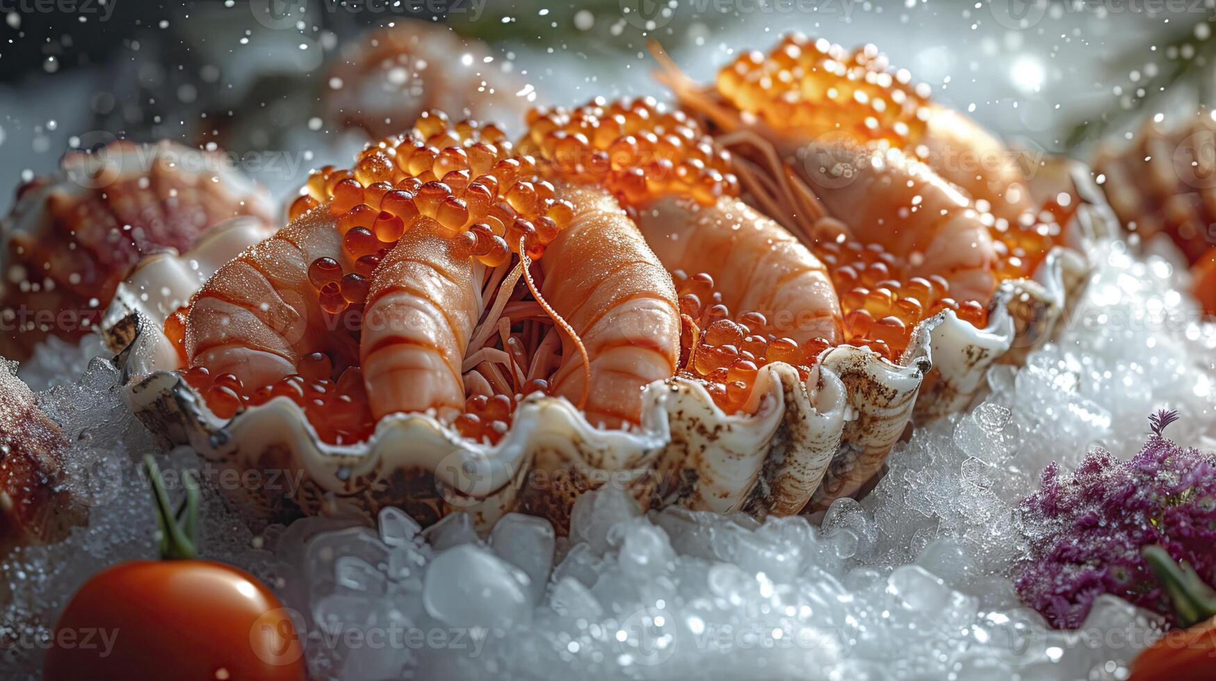 ai generiert verschiedene gefroren Meeresfrüchte, Garnele, Fisch Eier, Krabbe, fotografiert schließen hoch. foto