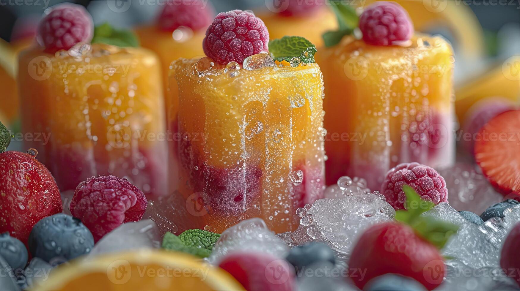 ai generiert frisch Obst Eis am Stiel auf ein Weiß Tisch. Obst Eis am Stiel, Kiwi, Erdbeere, orange. Süss Wüste Hintergrund. foto