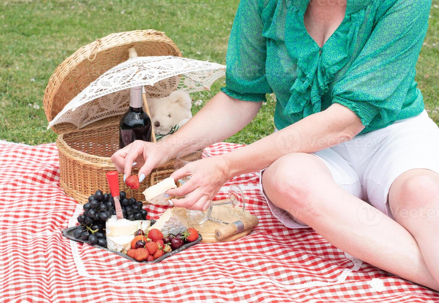 Frau im ein Grün Bluse sitzt auf ein rot kariert Picknick Teppich, rot Wein und Käse foto