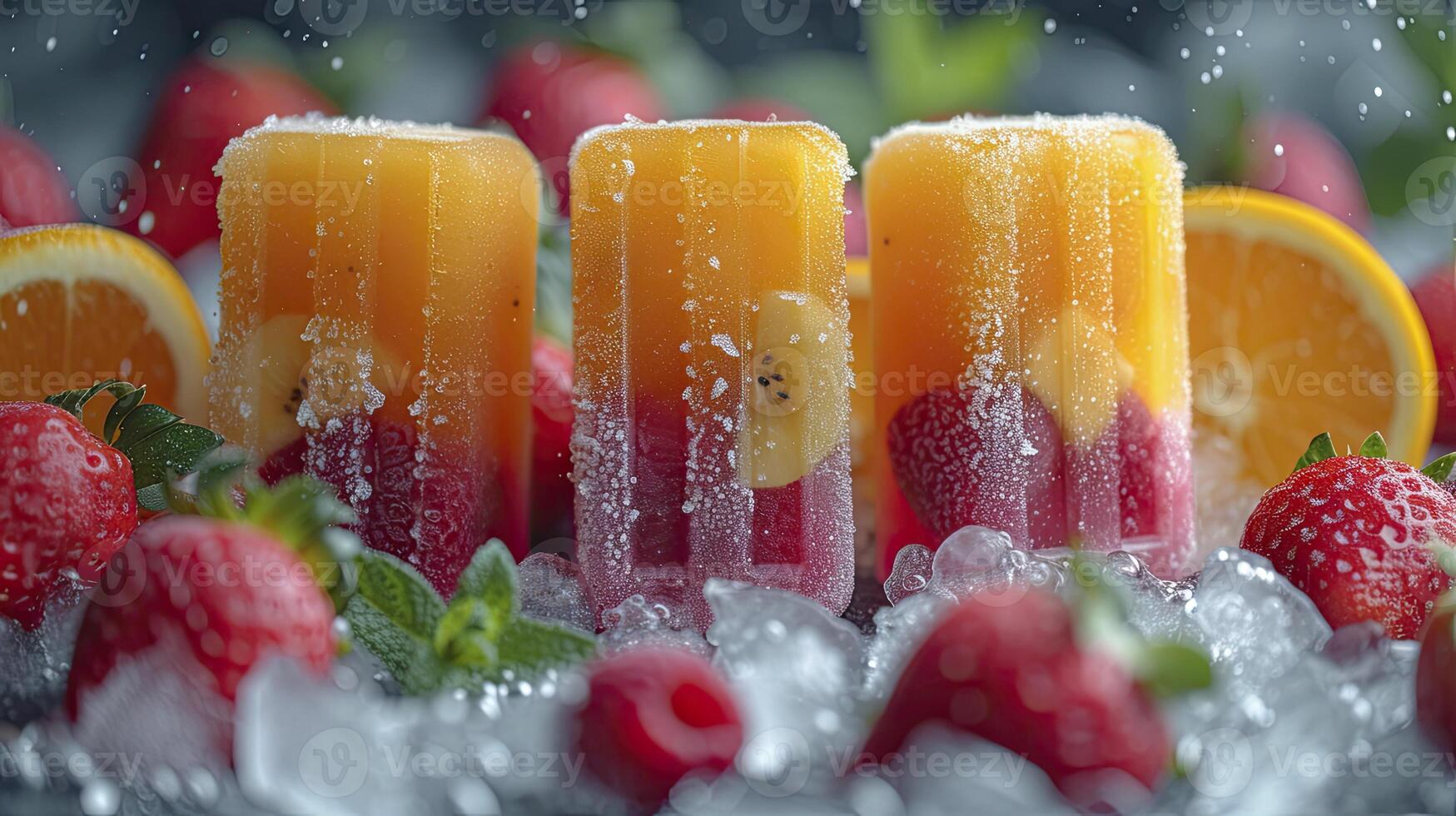 ai generiert frisch Obst Eis am Stiel auf ein Weiß Tisch. Obst Eis am Stiel, Kiwi, Erdbeere, orange. Süss Wüste Hintergrund. foto