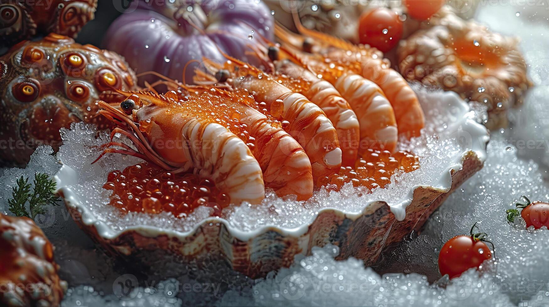 ai generiert verschiedene gefroren Meeresfrüchte, Garnele, Fisch Eier, Krabbe, fotografiert schließen hoch. foto
