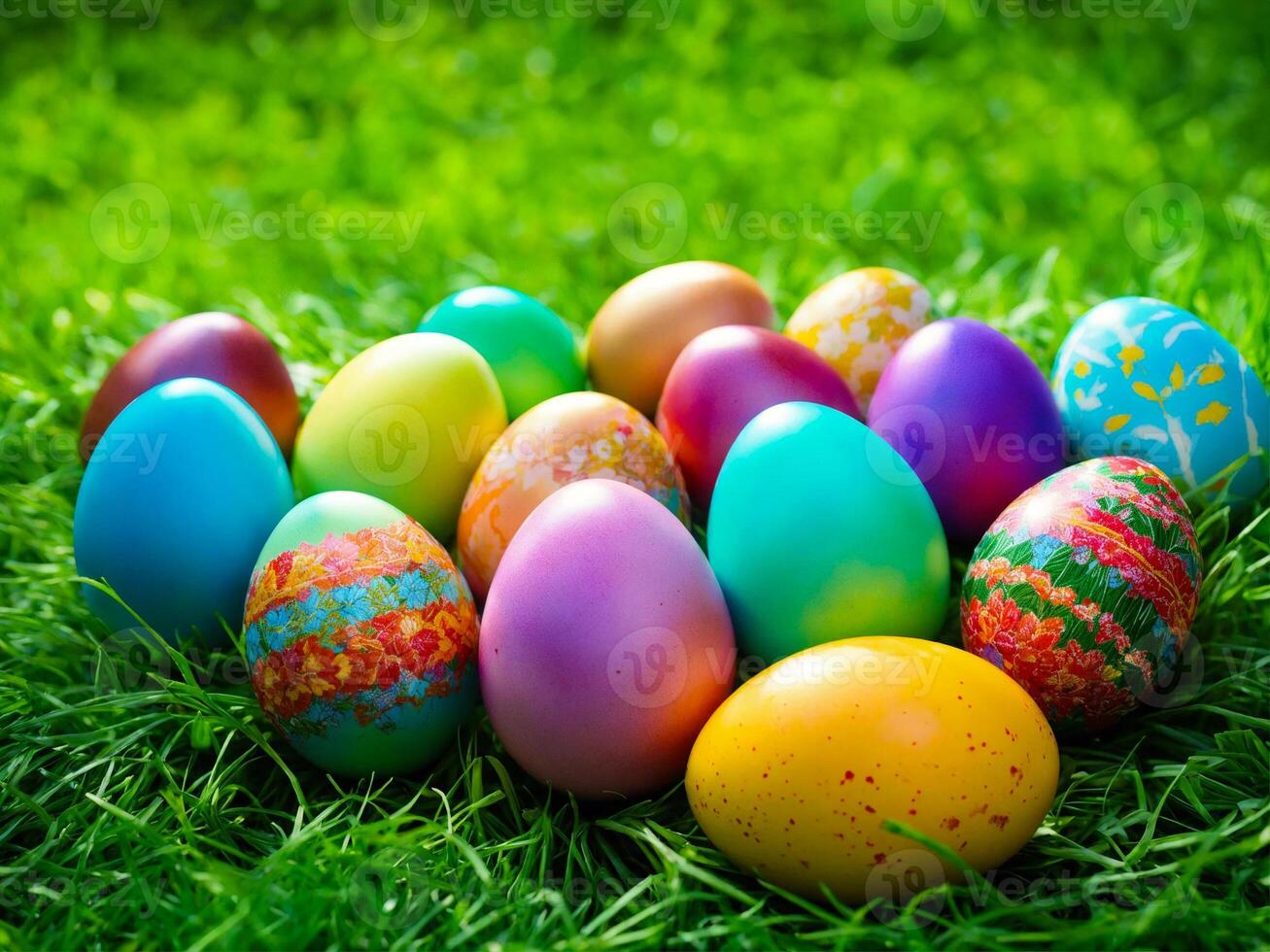 ai generiert hell farbig Ostern Eier verstreut unter üppig Grün Gräser foto