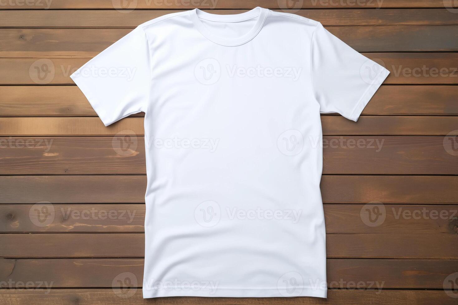 ai generiert Weiß T-Shirt auf das Tisch, oben Sicht, Kleidung Geschäft Werbung foto