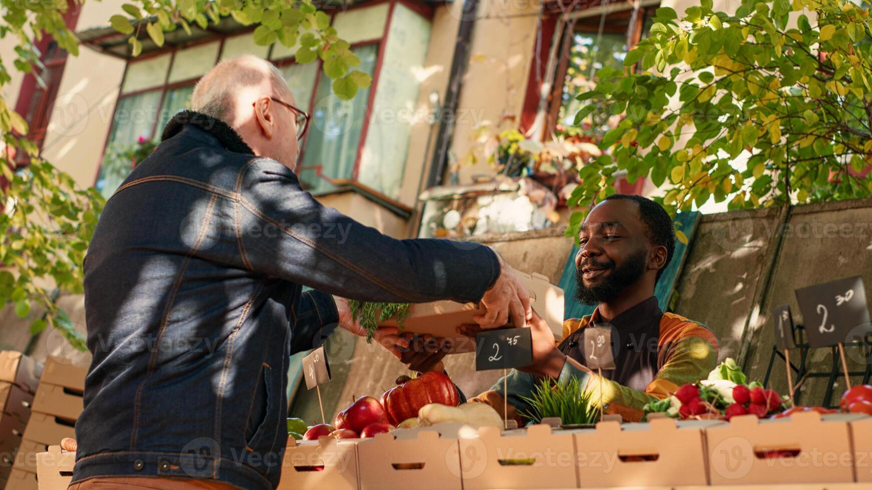 jung männlich Farmer Verkauf Box von organisch Garten produzieren beim lokal Essen Markt, geben bunt frisch bio Produkte. Alten Mann Kauf örtlich gewachsen Früchte und Gemüse. Handheld Schuss. foto