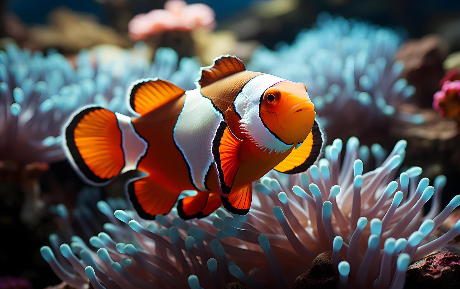 ai generiert Clown Fisch und Koralle Riff gefunden im ein großartig Anemone bewohnt im Ozean und tief Blau Meer foto