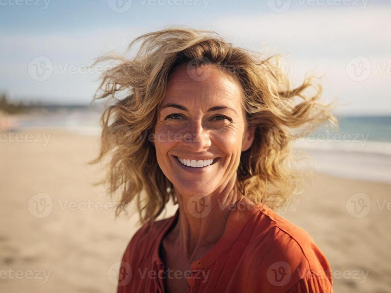 ai generiert Porträt von ein schön 40 Jahr alt blond Frau auf das Strand foto