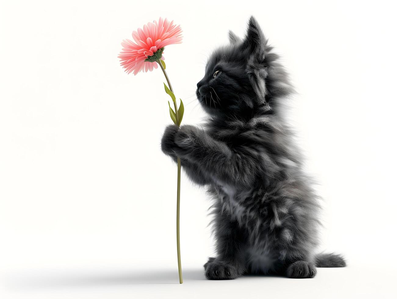 ai generiert ein flauschige schwarz Kätzchen mit ein zart rot Blume, ein schön Porträt von ein inländisch Haustier foto
