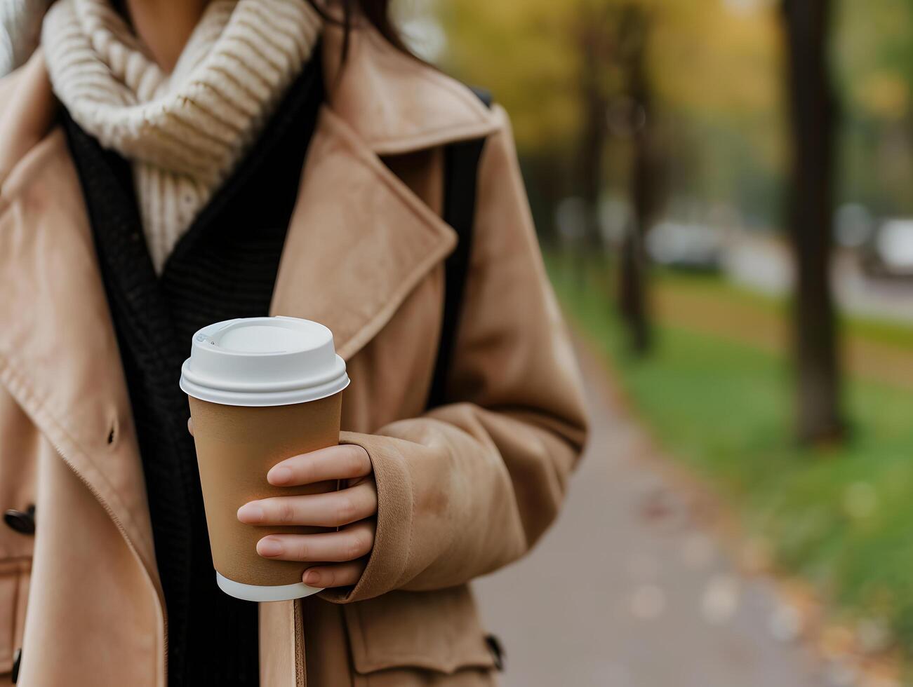 ai generiert abgeschnitten Bild von jung Frau Trinken wegbringen Kaffee während Gehen im Herbst Park. selektiv Fokus auf Tasse foto