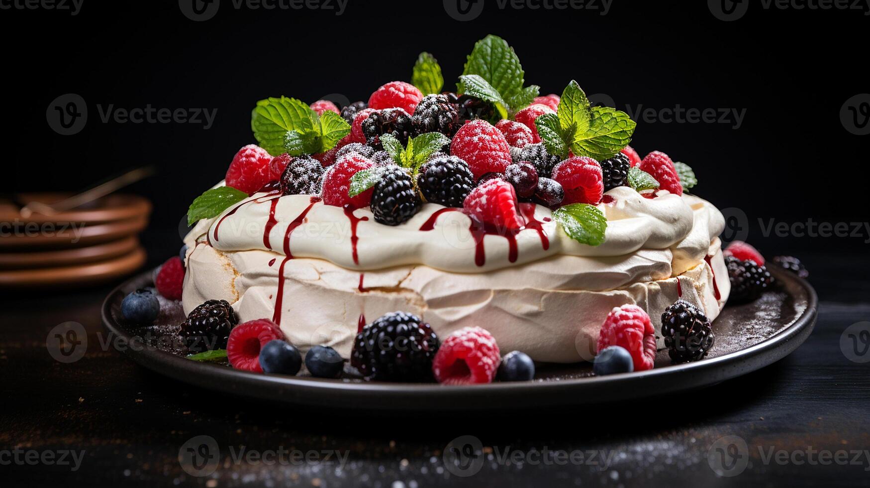 ai generiert ein Pavlova Kuchen umgeben durch verstreut Beeren und Minze Blätter auf ein rustikal Metall Tablett, Mittelwinkel Schuss foto