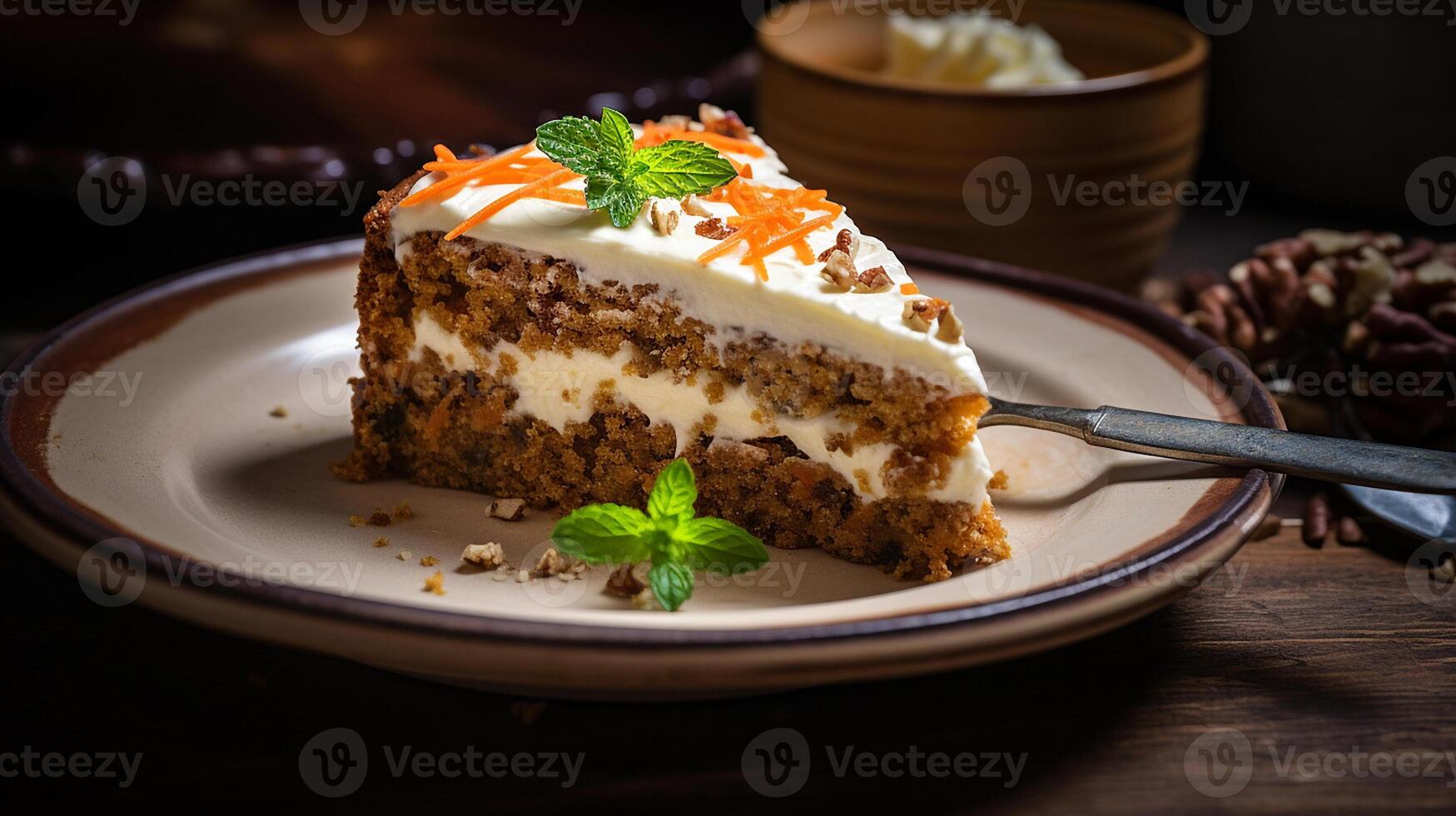 ai generiert ein Scheibe von Karotte Kuchen mit Sahne Käse serviert auf ein Jahrgang Keramik Platte, künstlerisch Schuss foto