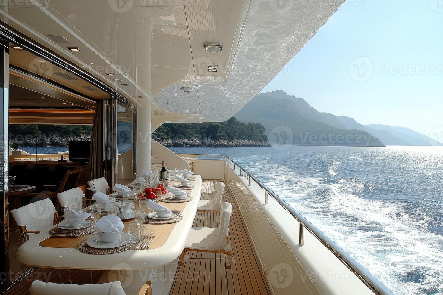 ai generiert Essen Tabelle auf das Oberer, höher Deck schick Yacht Fachmann Werbung Essen Fotografie foto