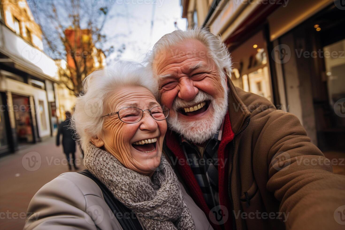ai generiert Alten Paar Lachen und nehmen Selfie foto