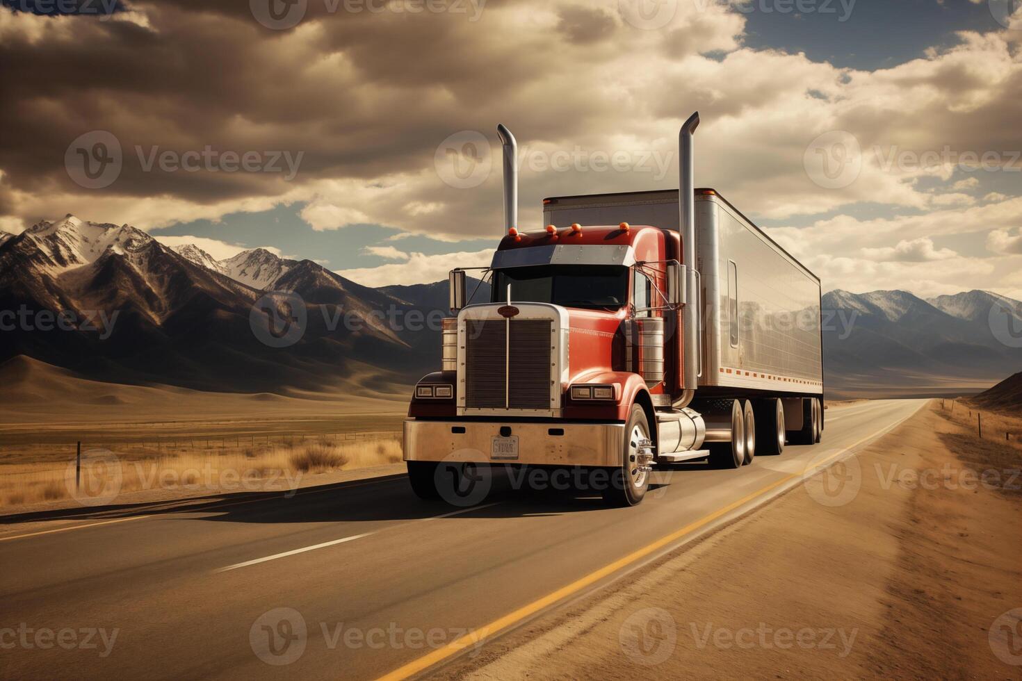 ai generiert amerikanisch Stil LKW auf das Autobahn, Autobahn ziehen Ladung, Bewegung. Transport Konzept foto