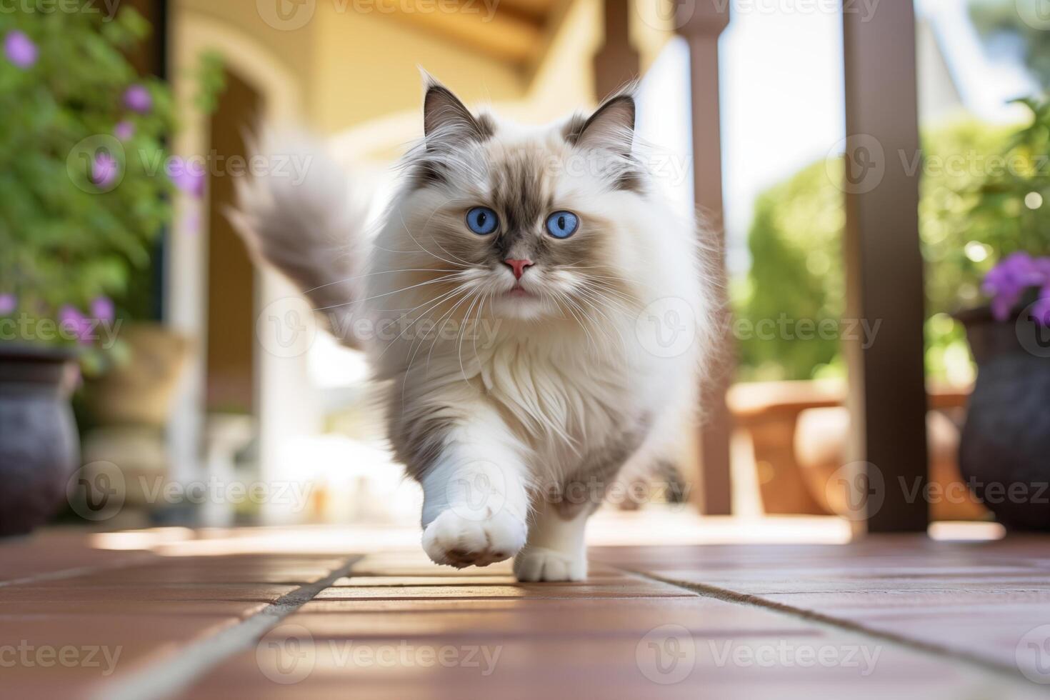 ai generiert Mittel Schuss Porträt Fotografie von ein lächelnd Ragdoll Katze Laufen gegen ein reizvoll Vorderseite Veranda. foto