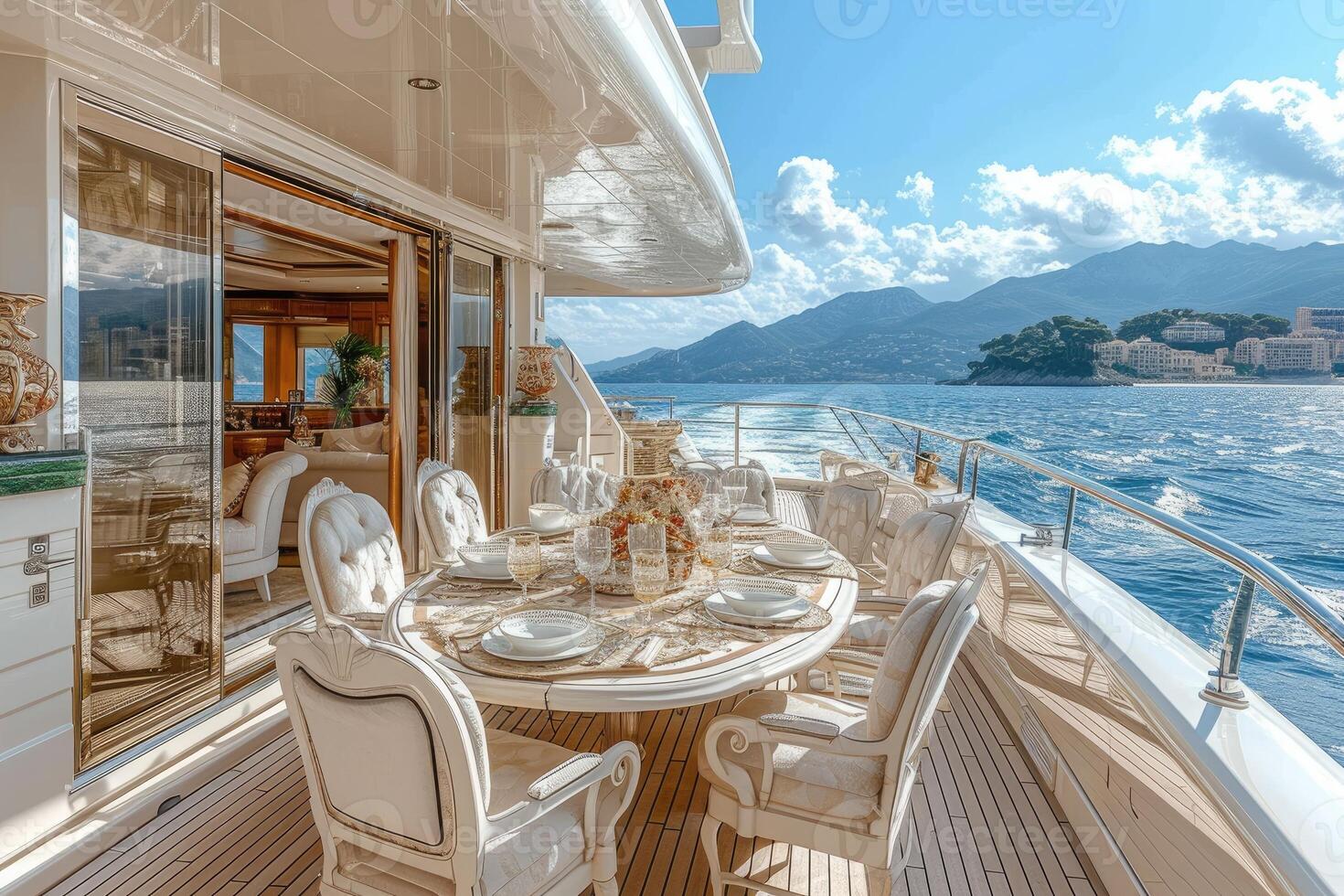 ai generiert Essen Tabelle auf das Oberer, höher Deck schick Yacht Fachmann Werbung Essen Fotografie foto