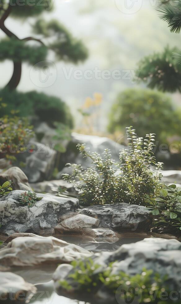 ai generiert Vertikale ruhig Hintergrund mit orientalisch Garten Thema foto